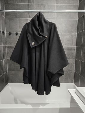 Black Wool Cape with Embroidered Flower Detail